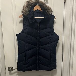 Eddie Bauer Navy Down Vest with Faux Fur Hood